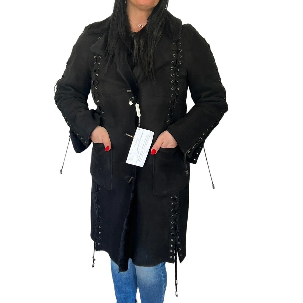 Christia Italy Shearling Suede Fur Lined Whipstitch Toggle Coat Black 44 NEW